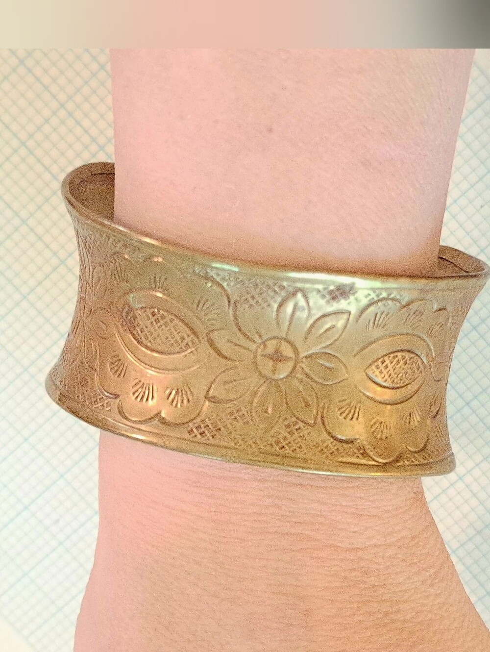 Gold Floral Engraved Wide Wrist Cuff Bracelet